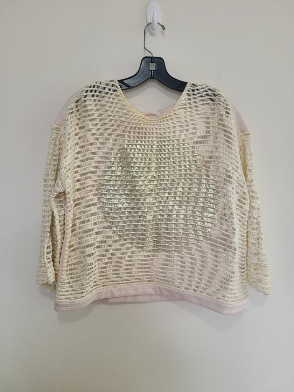 SASS & BIDE Ivory Crocheted 3/4 Sleeve Knit Sweater Top Gold